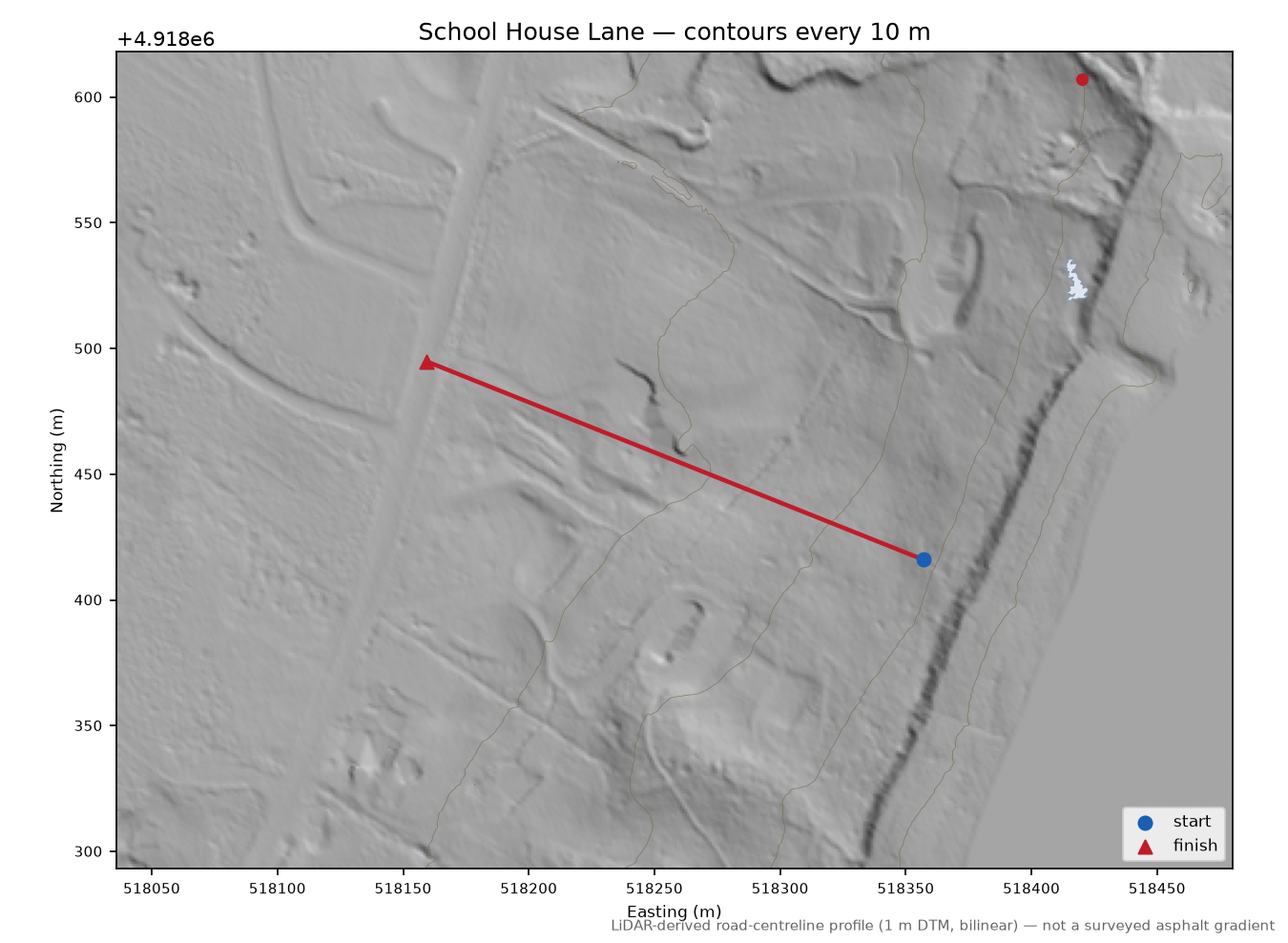 School House Lane LiDAR hillshade map with contours