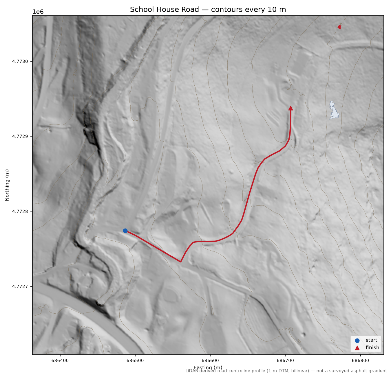 School House Road LiDAR hillshade map with contours