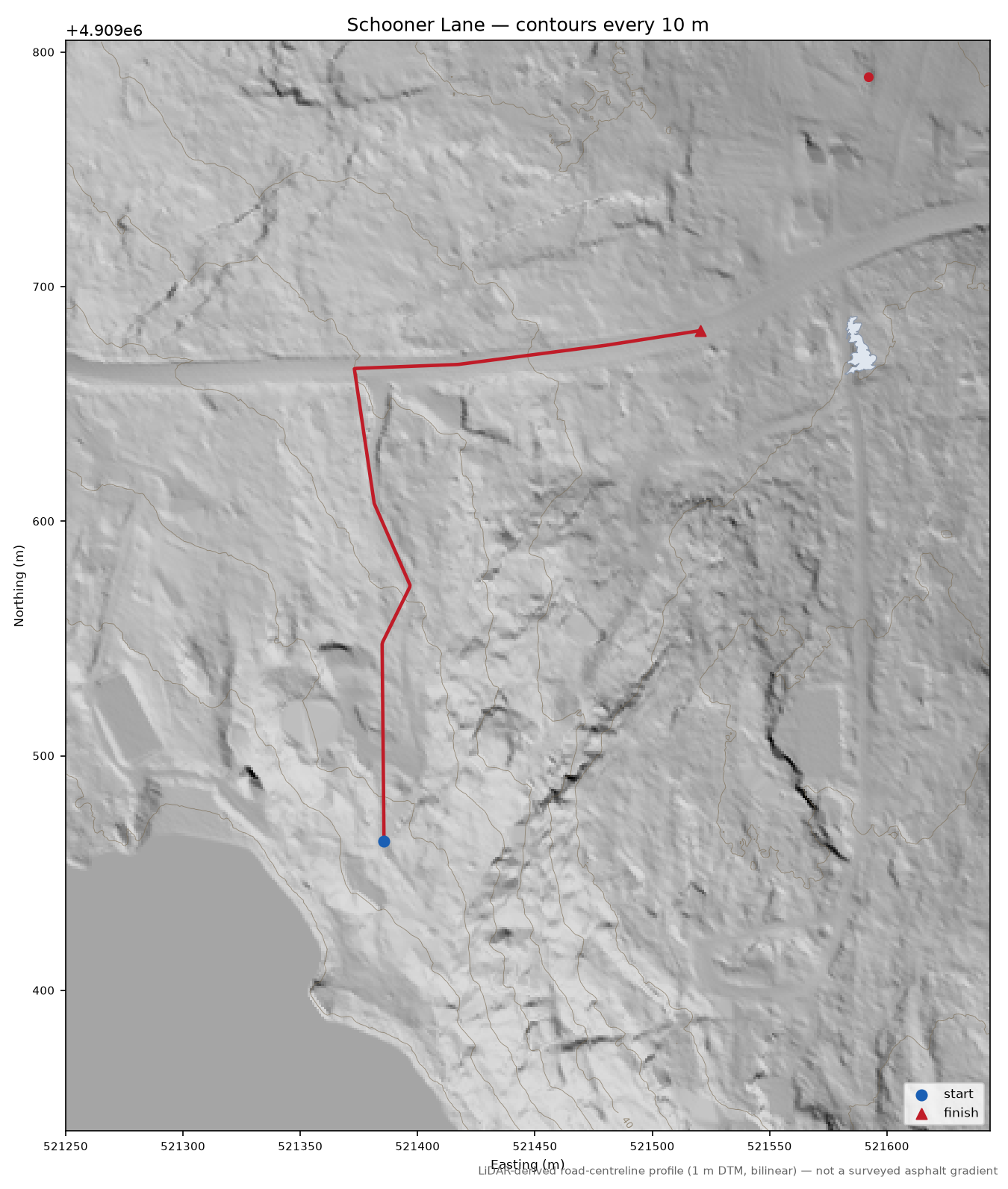 Schooner Lane LiDAR hillshade map with contours