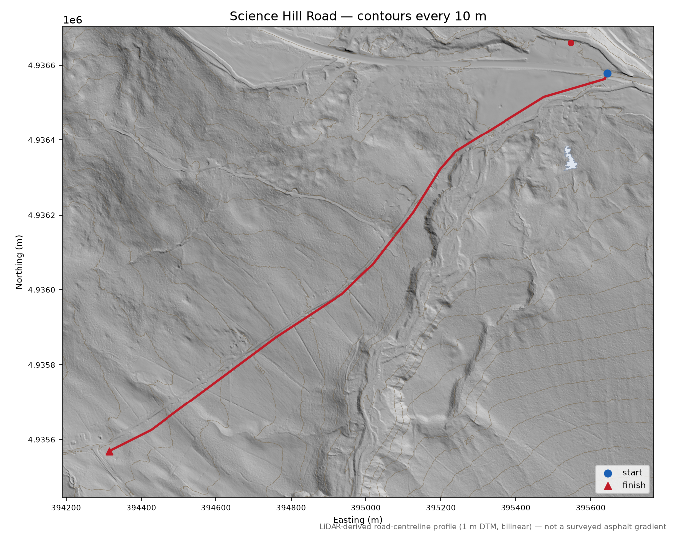 Science Hill Road LiDAR hillshade map with contours