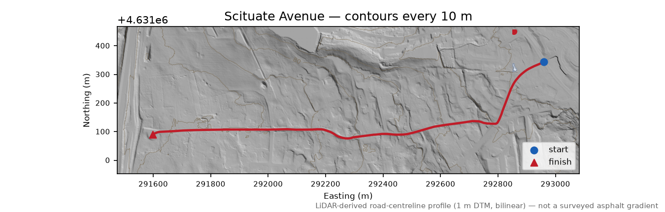 Scituate Avenue LiDAR hillshade map with contours