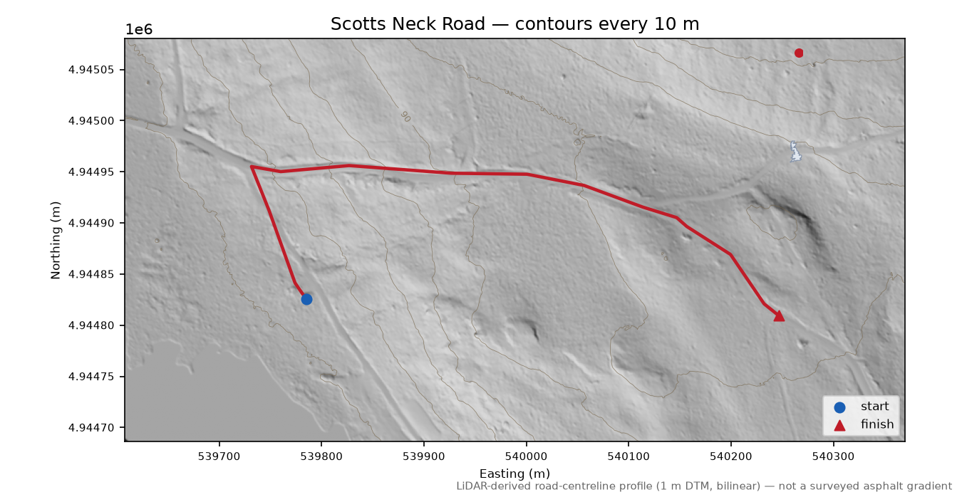 Scotts Neck Road LiDAR hillshade map with contours
