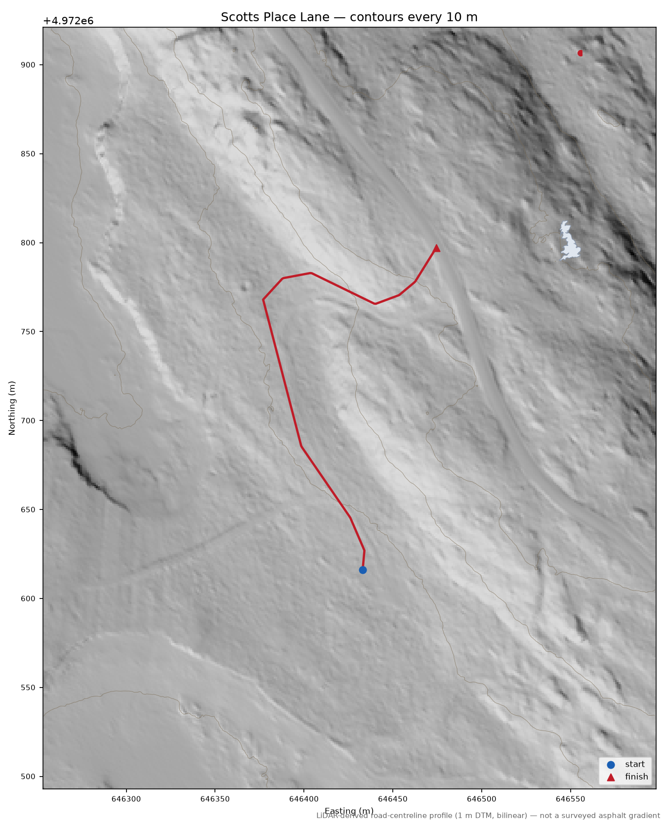 Scotts Place Lane LiDAR hillshade map with contours