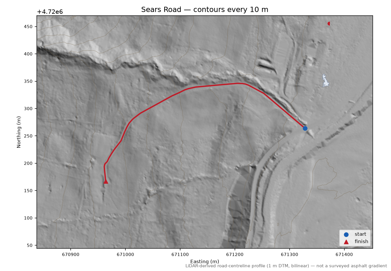 Sears Road LiDAR hillshade map with contours