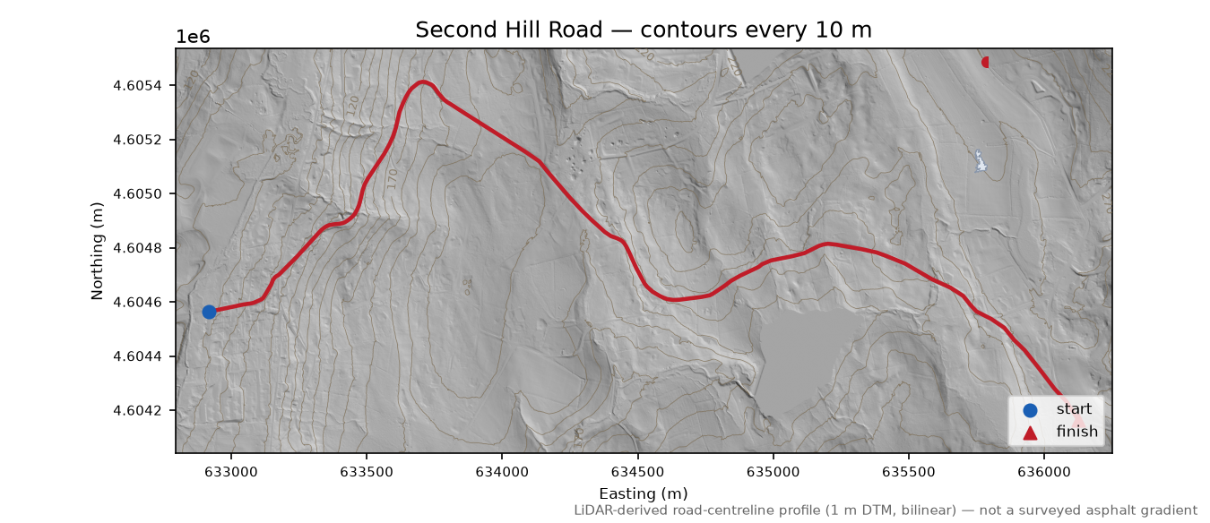Second Hill Road LiDAR hillshade map with contours