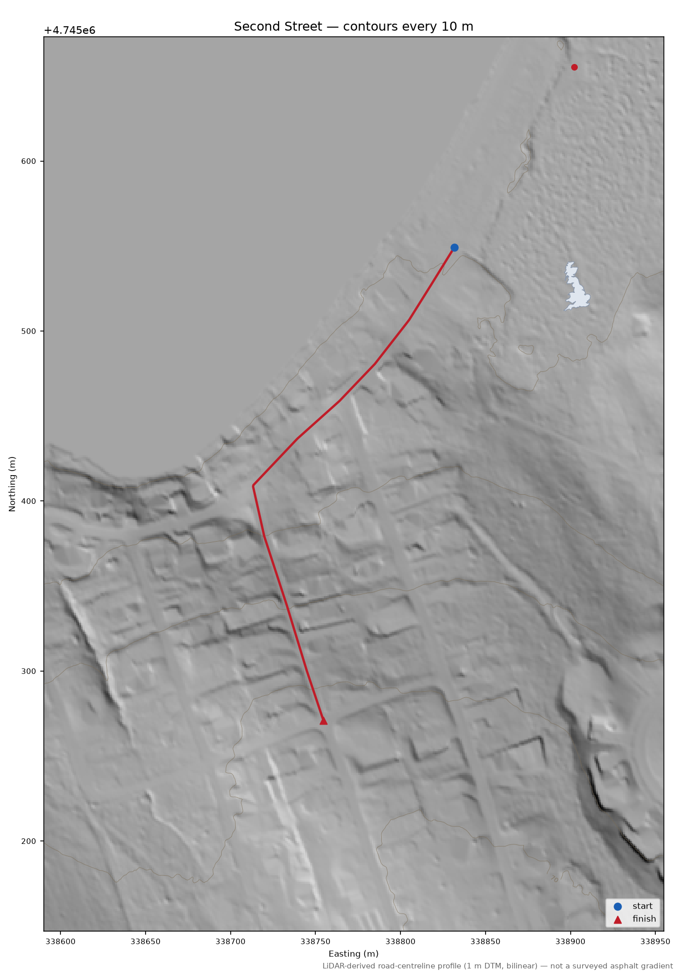 Second Street LiDAR hillshade map with contours