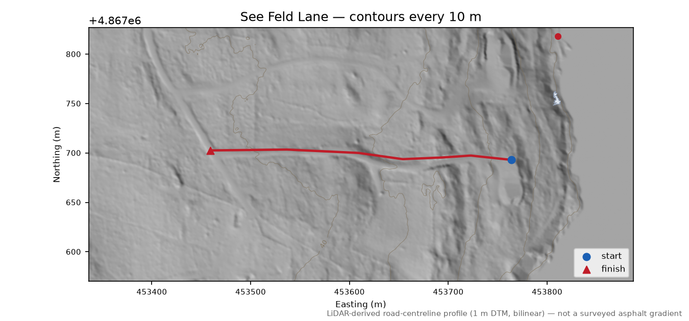See Feld Lane LiDAR hillshade map with contours