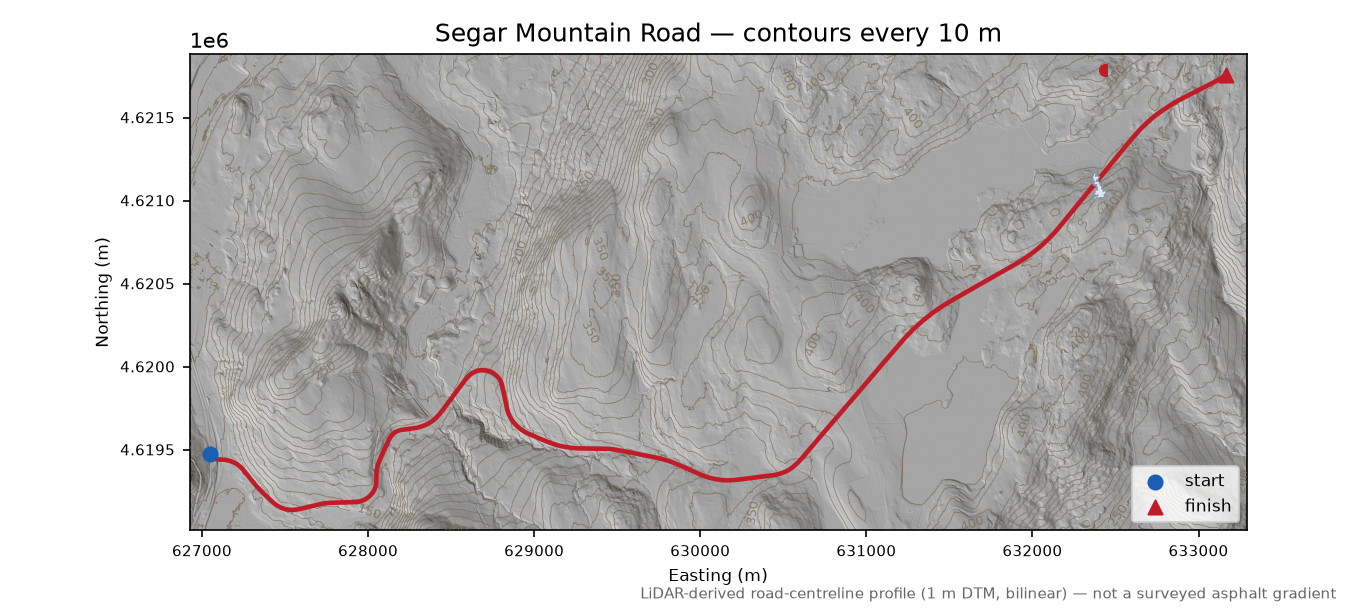 Segar Mountain Road LiDAR hillshade map with contours