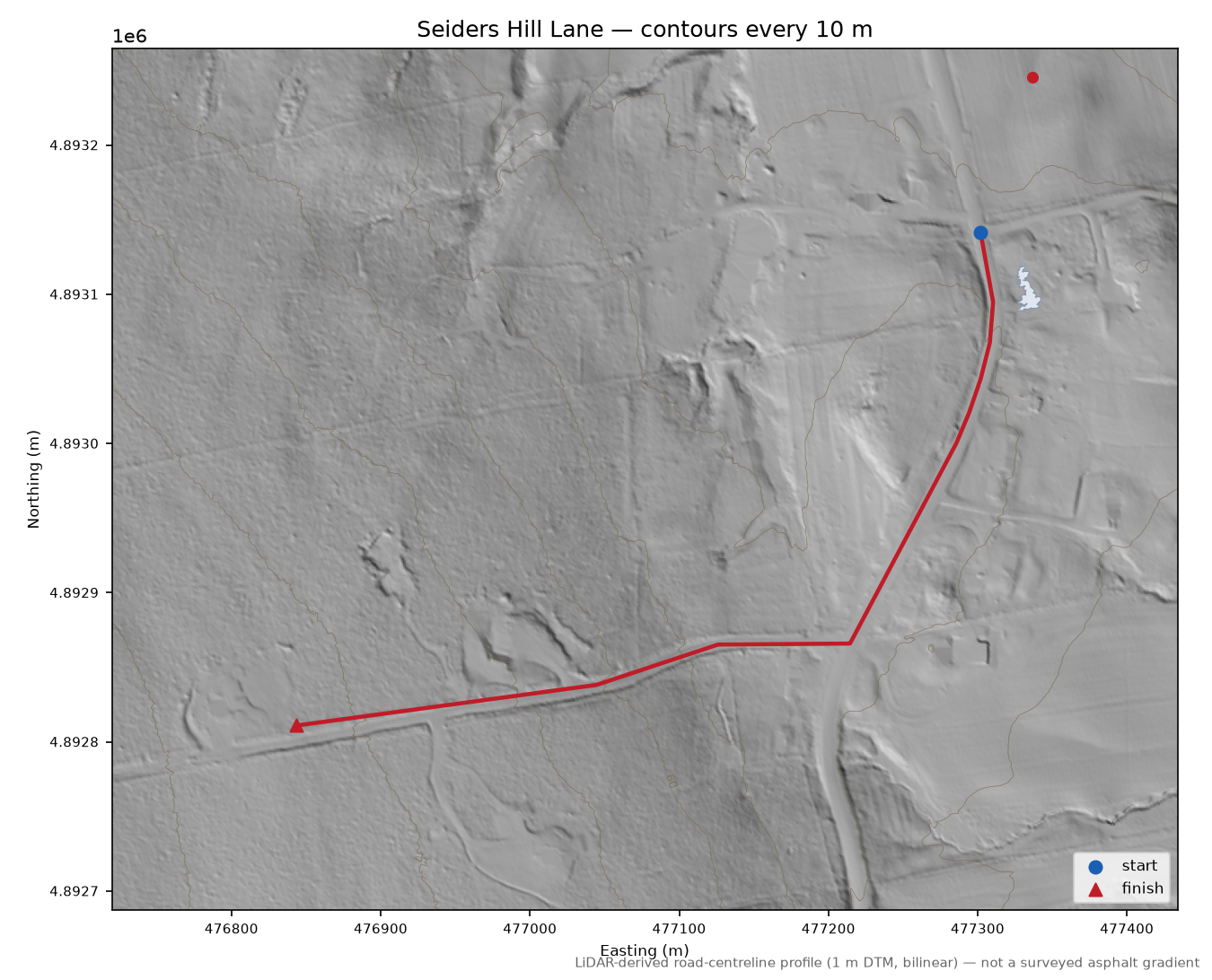 Seiders Hill Lane LiDAR hillshade map with contours