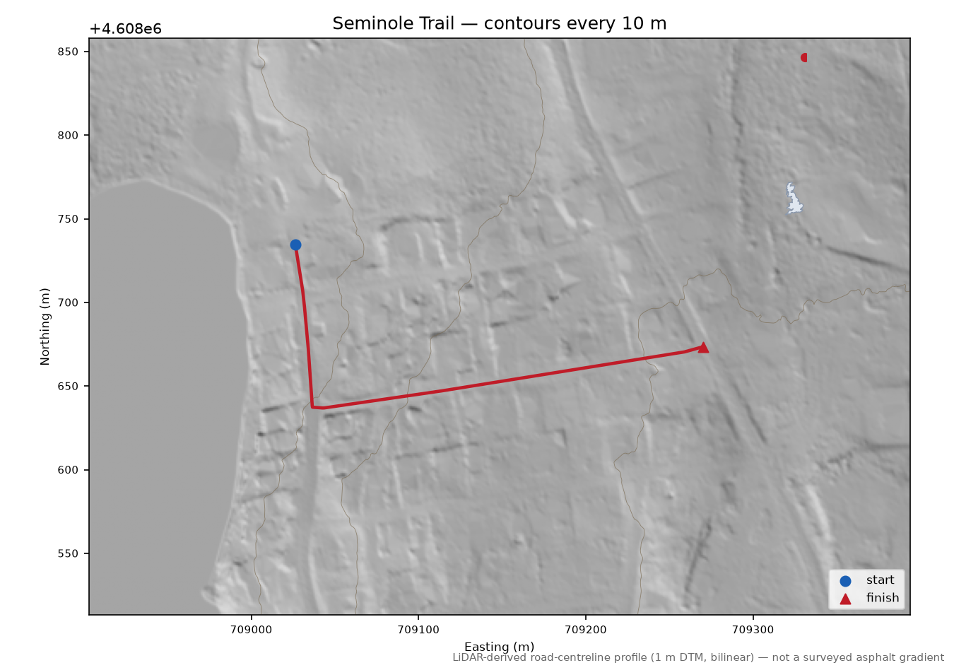 Seminole Trail LiDAR hillshade map with contours