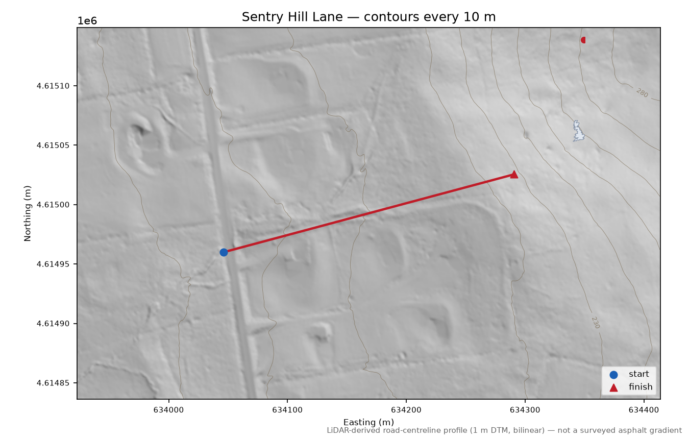 Sentry Hill Lane LiDAR hillshade map with contours