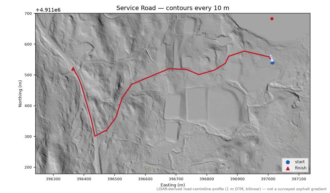 Service Road LiDAR hillshade map with contours
