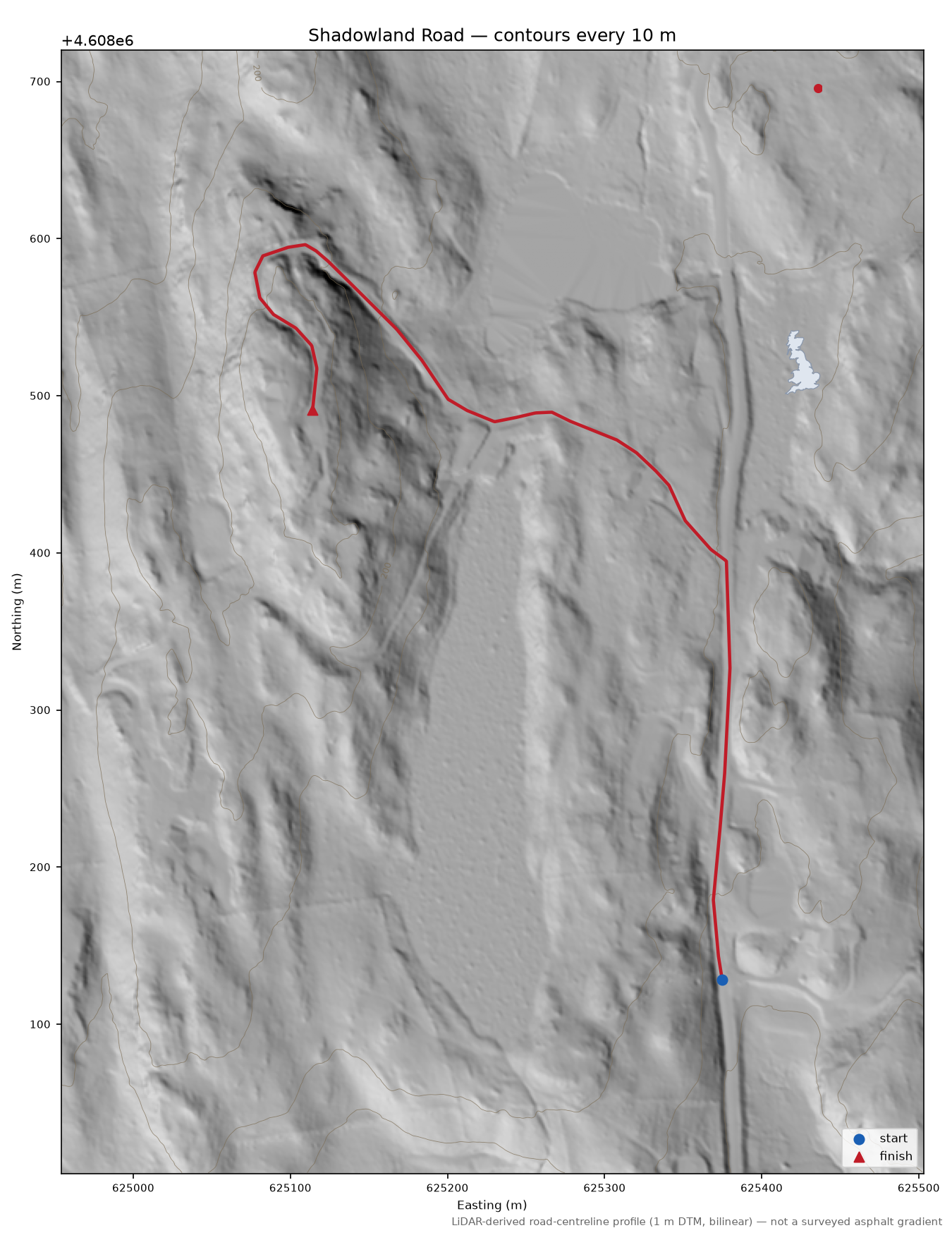 Shadowland Road LiDAR hillshade map with contours