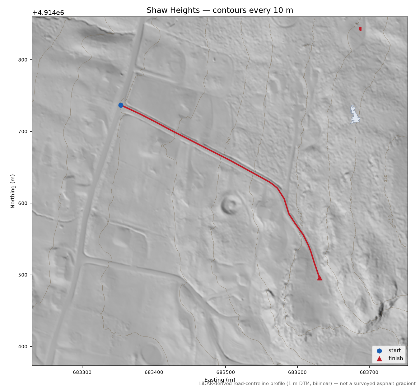 Shaw Heights LiDAR hillshade map with contours
