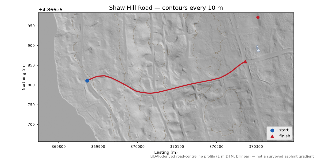 Shaw Hill Road LiDAR hillshade map with contours