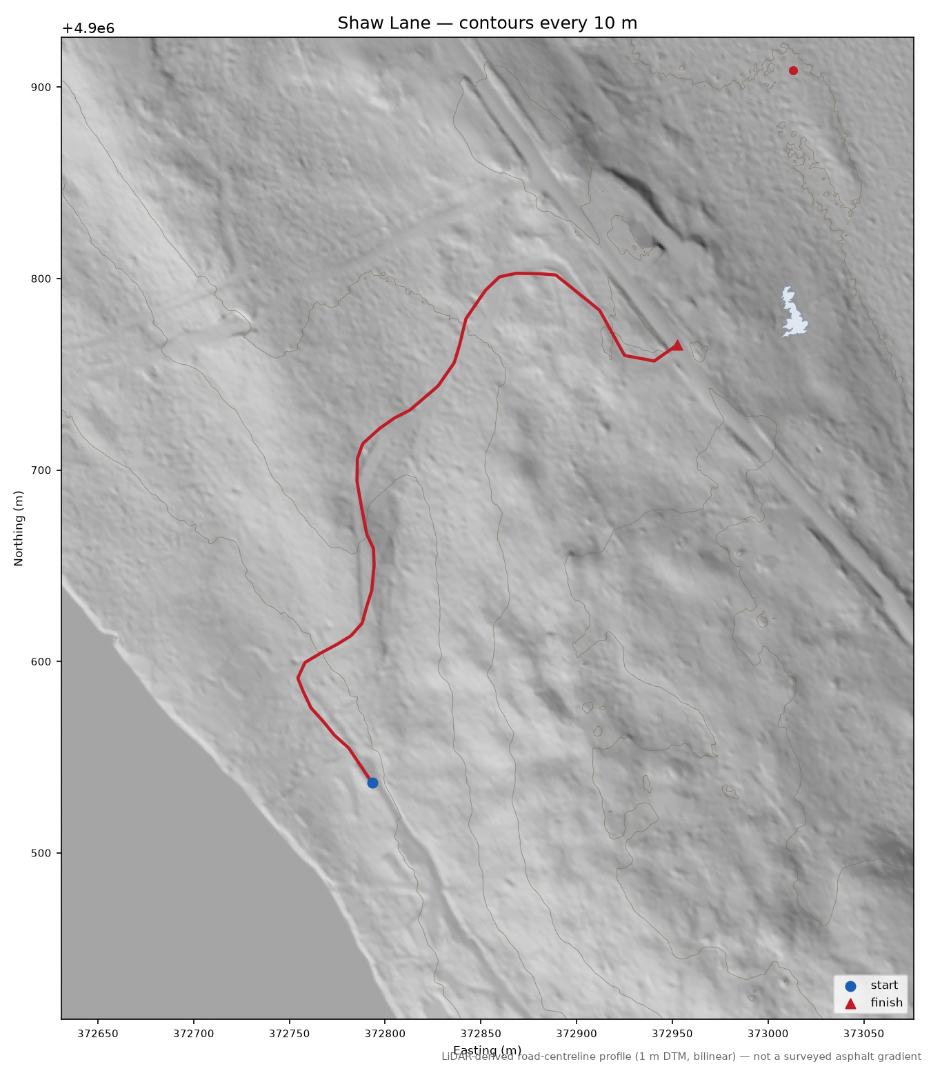 Shaw Lane LiDAR hillshade map with contours