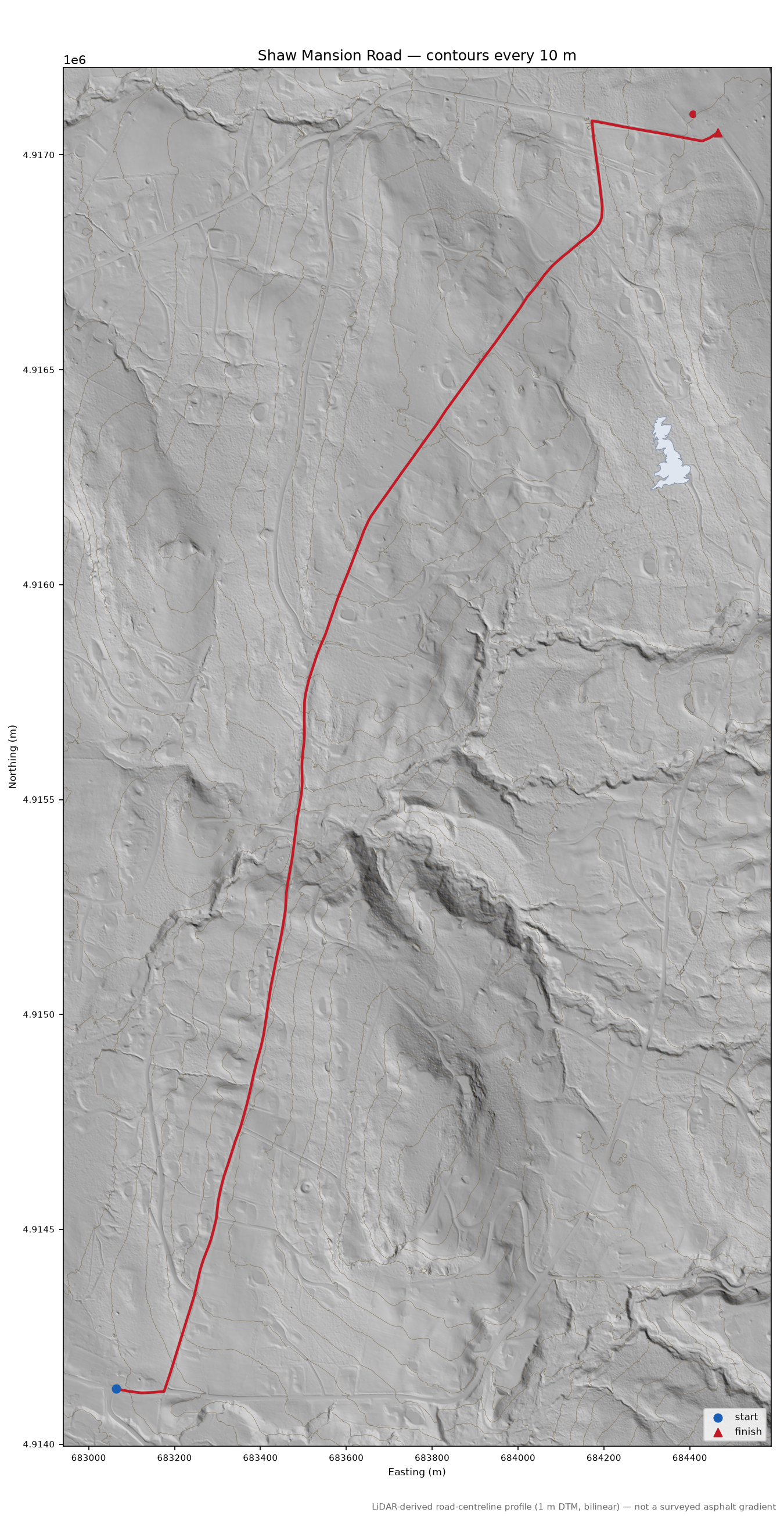 Shaw Mansion Road LiDAR hillshade map with contours