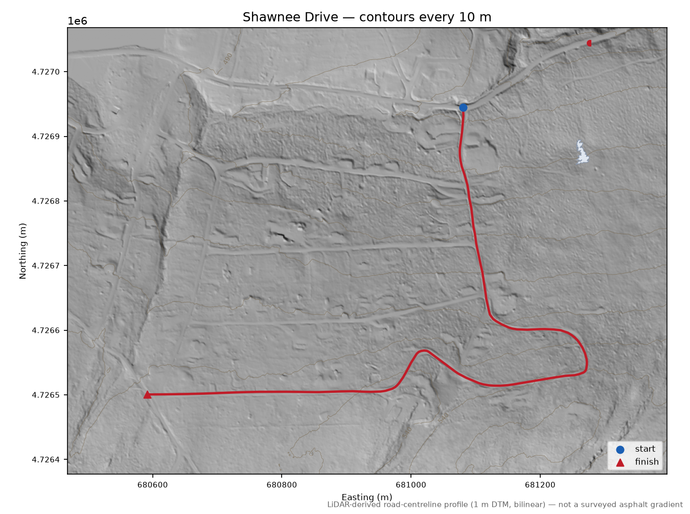 Shawnee Drive LiDAR hillshade map with contours
