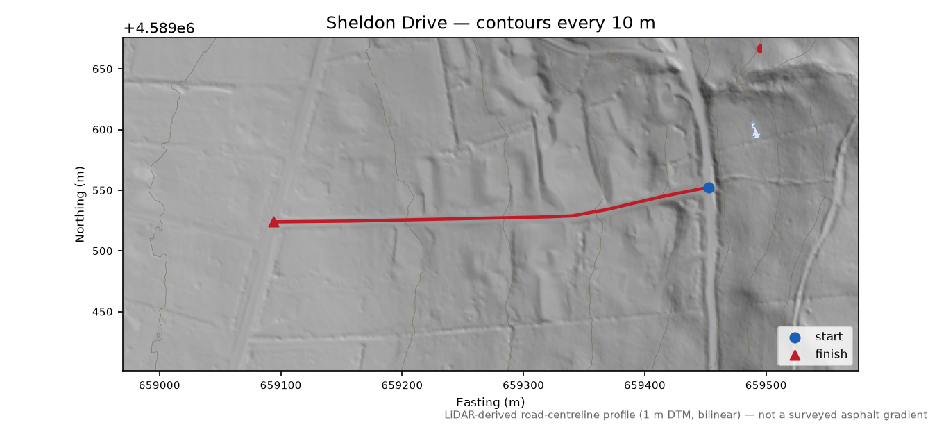 Sheldon Drive LiDAR hillshade map with contours