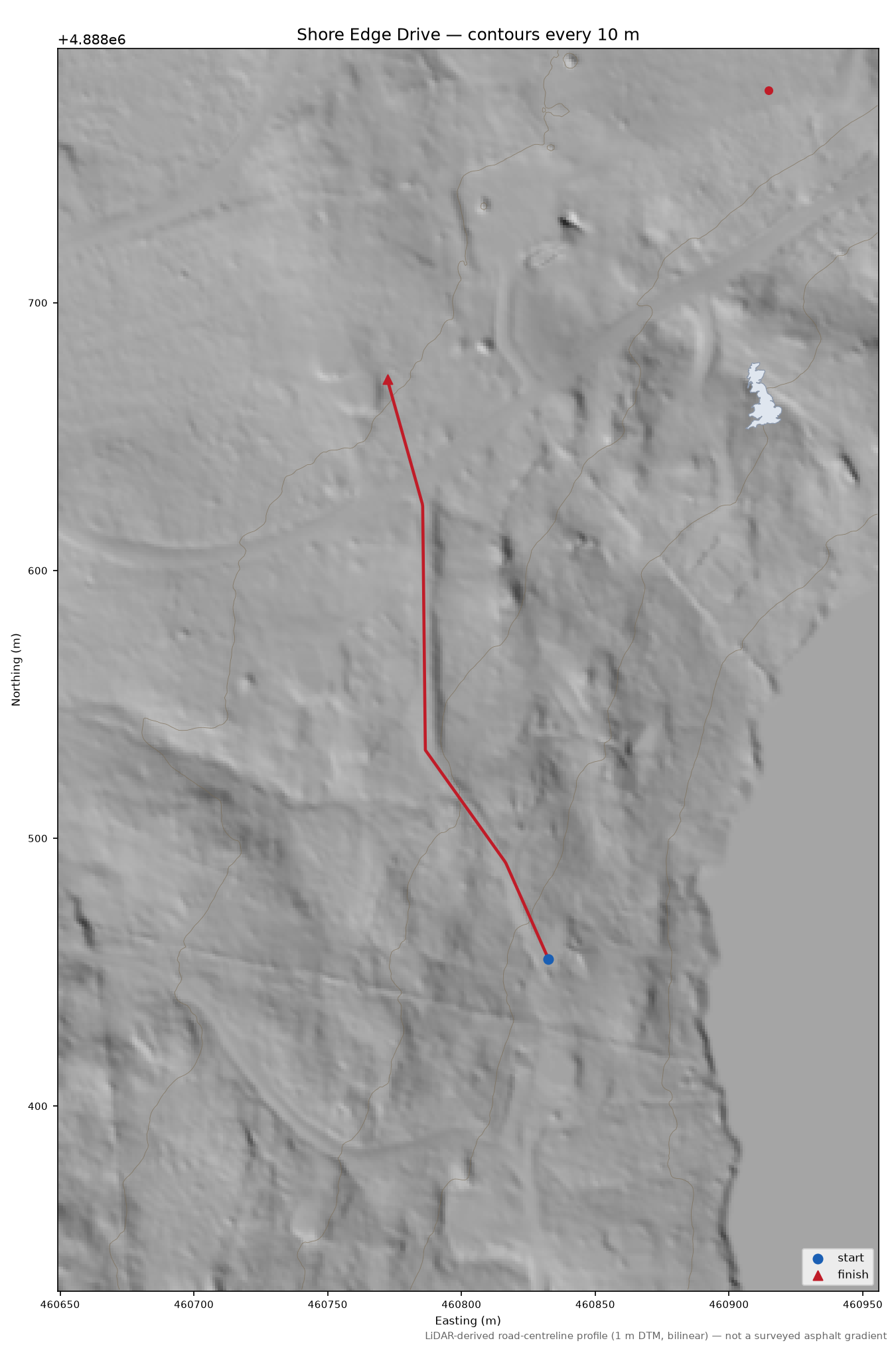 Shore Edge Drive LiDAR hillshade map with contours