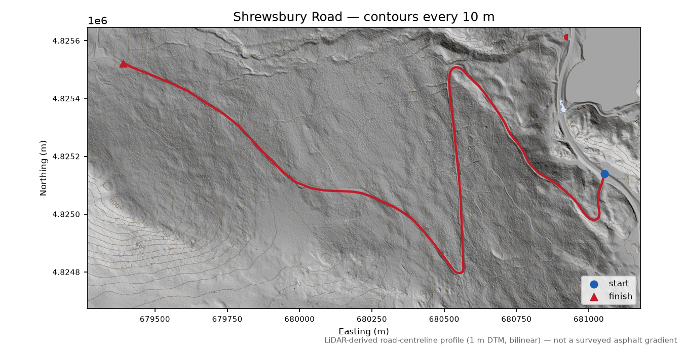 Shrewsbury Road LiDAR hillshade map with contours