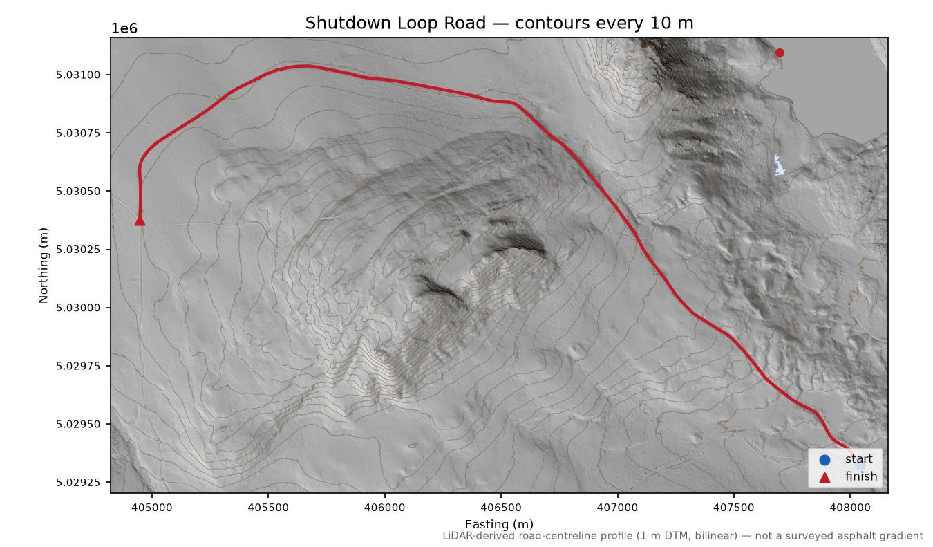 Shutdown Loop Road LiDAR hillshade map with contours