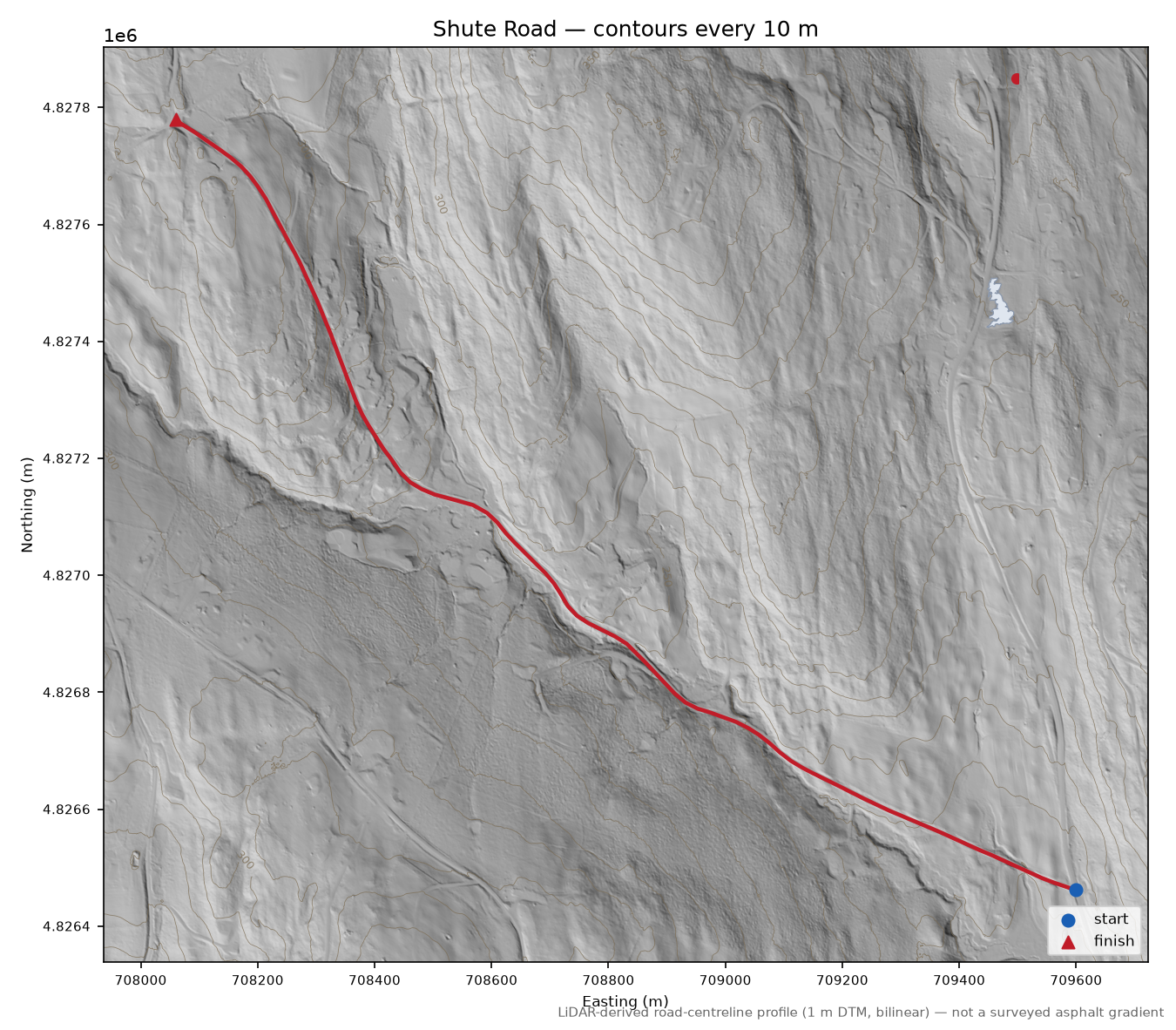 Shute Road LiDAR hillshade map with contours
