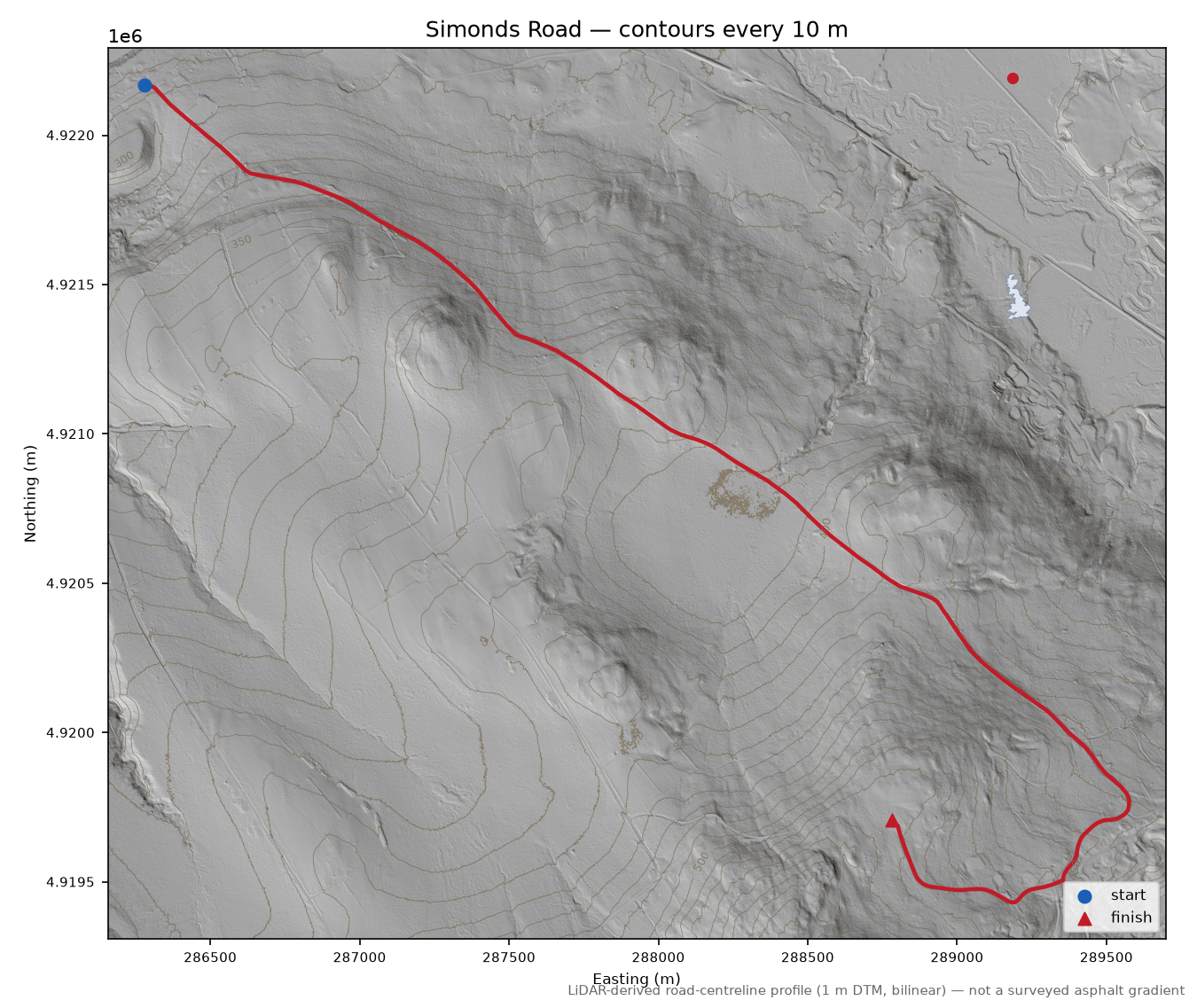Simonds Road LiDAR hillshade map with contours