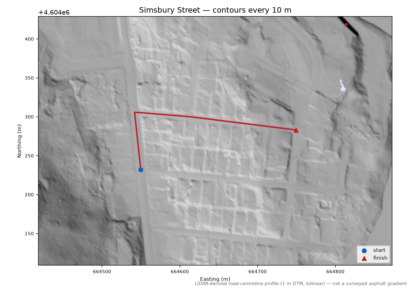 Simsbury Street LiDAR hillshade map with contours