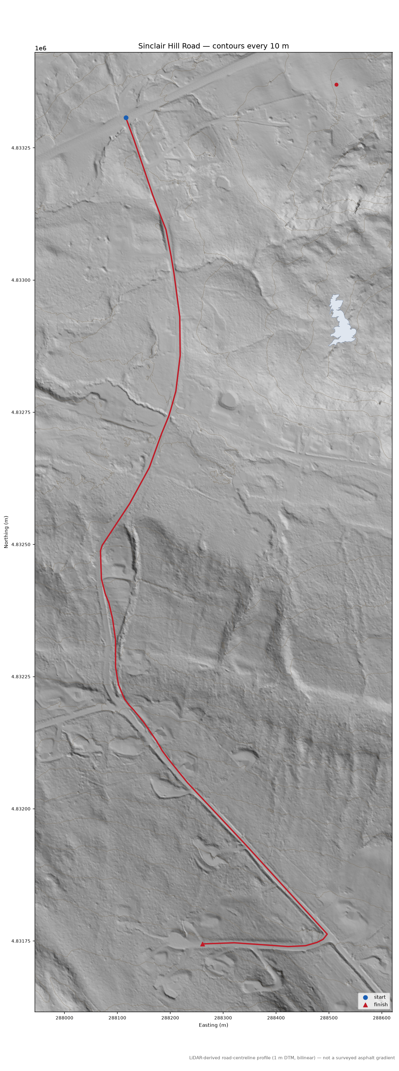 Sinclair Hill Road LiDAR hillshade map with contours