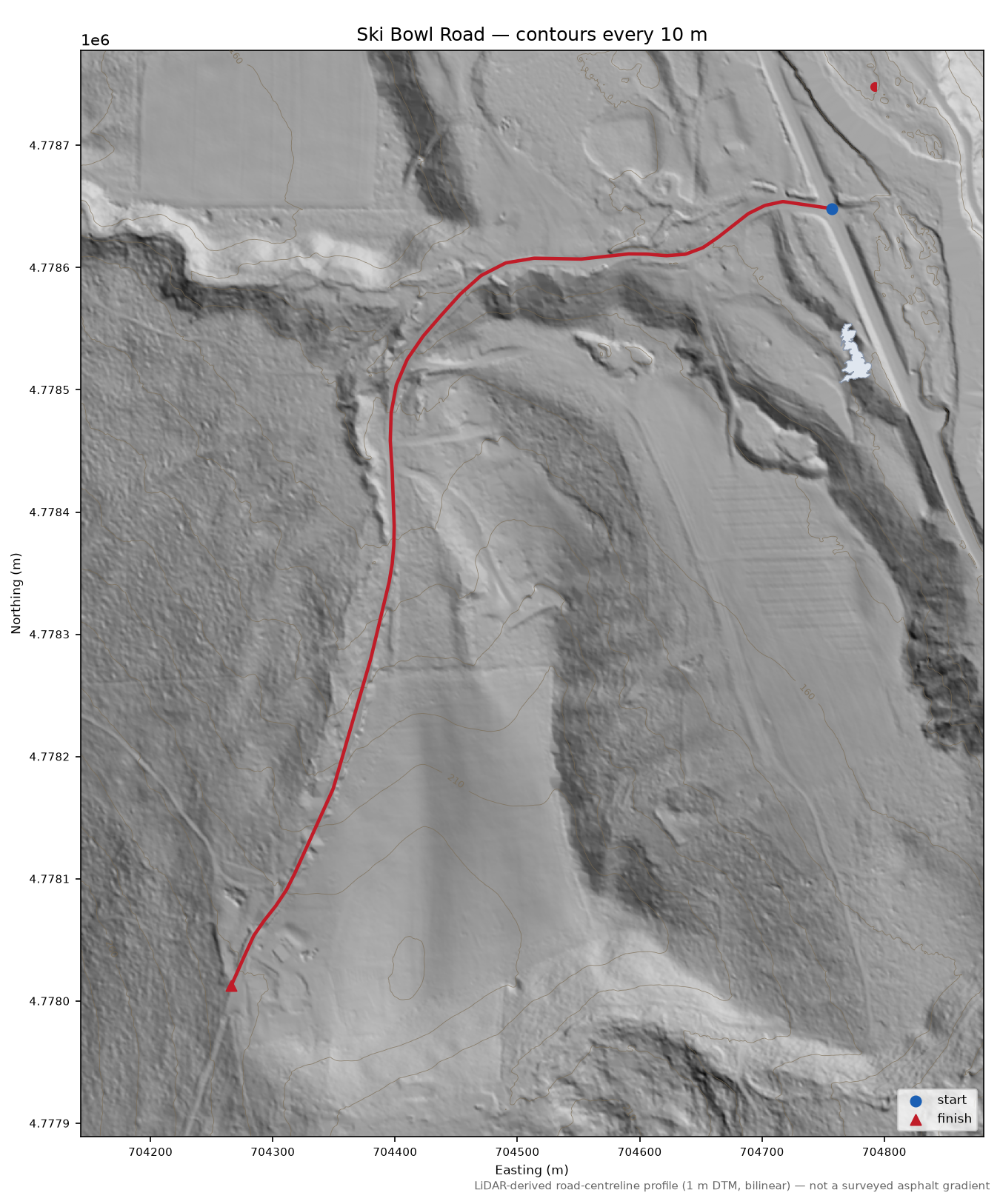 Ski Bowl Road LiDAR hillshade map with contours