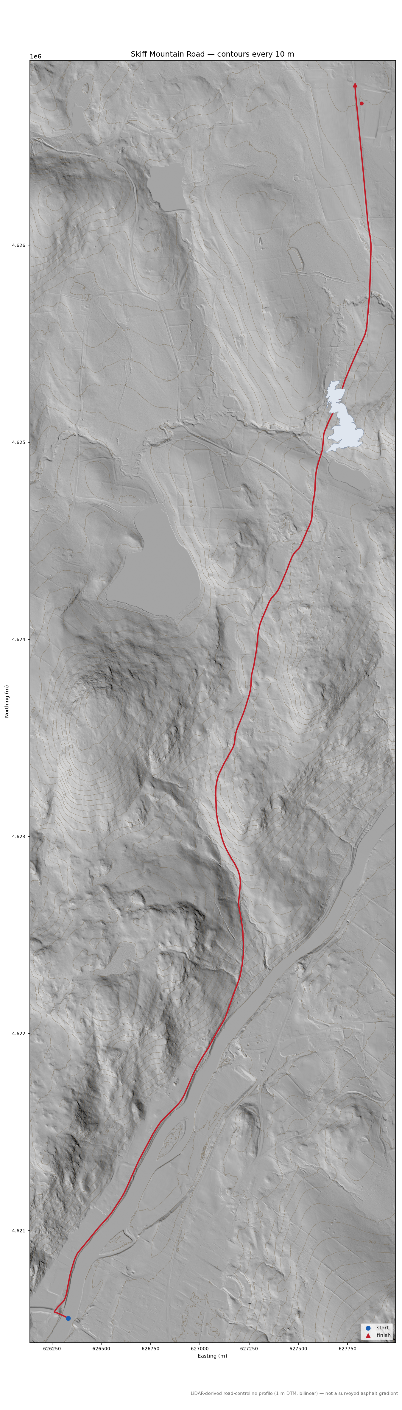 Skiff Mountain Road LiDAR hillshade map with contours