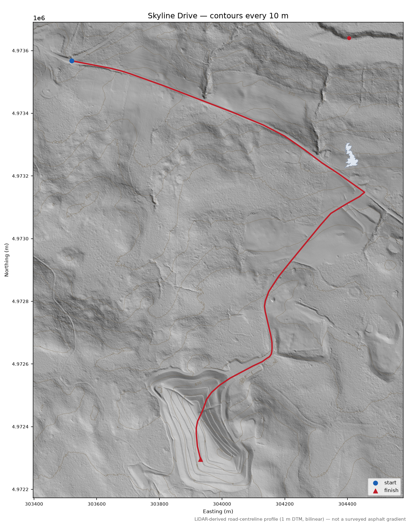 Skyline Drive LiDAR hillshade map with contours