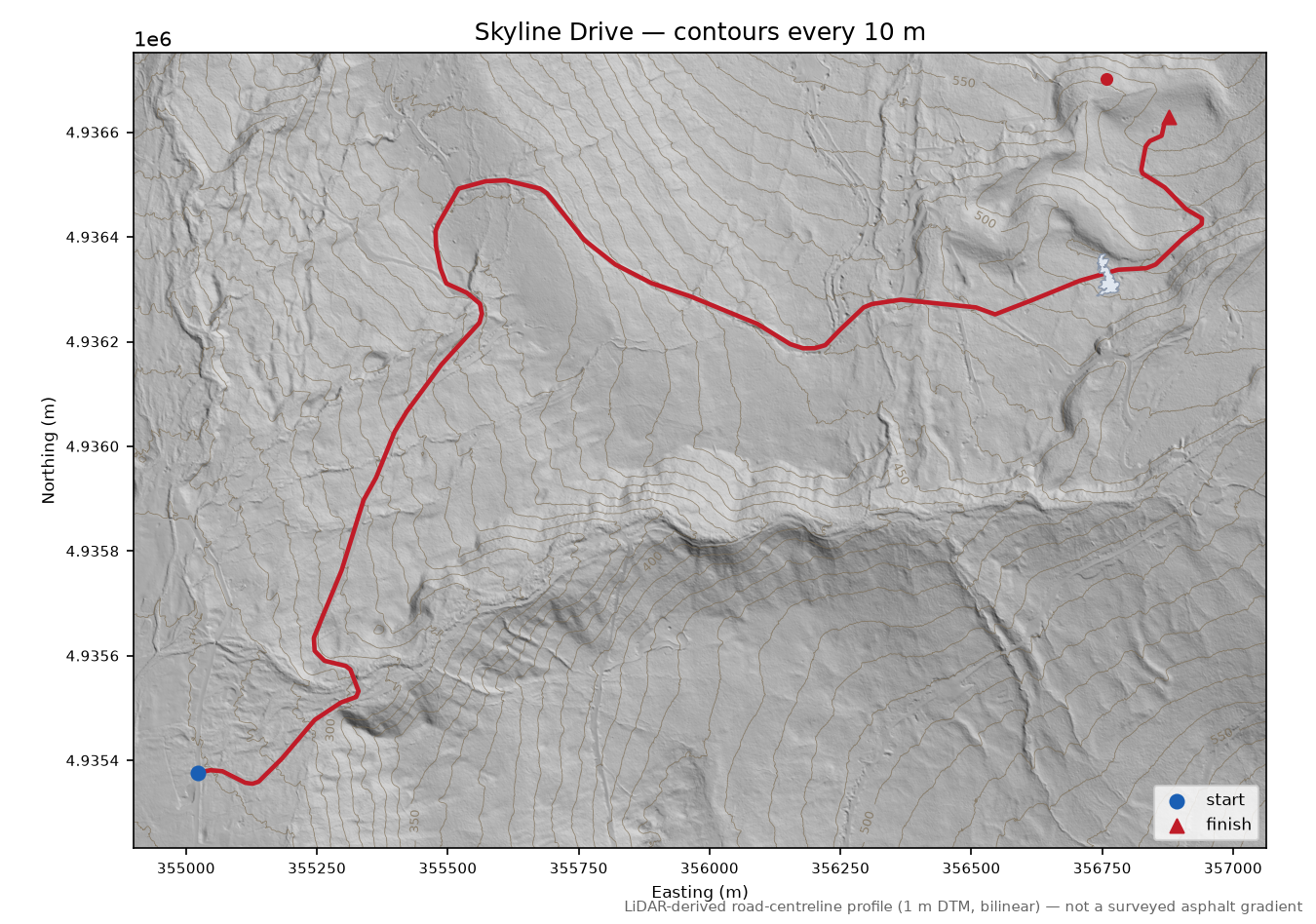 Skyline Drive LiDAR hillshade map with contours