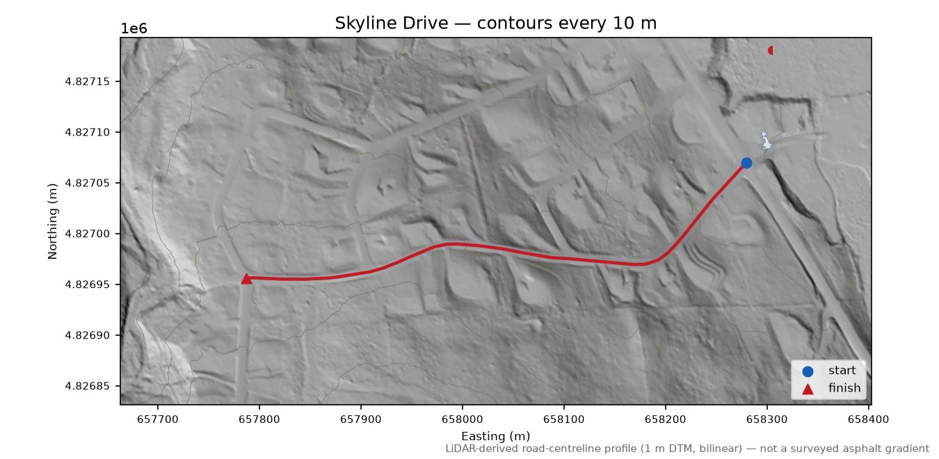 Skyline Drive LiDAR hillshade map with contours
