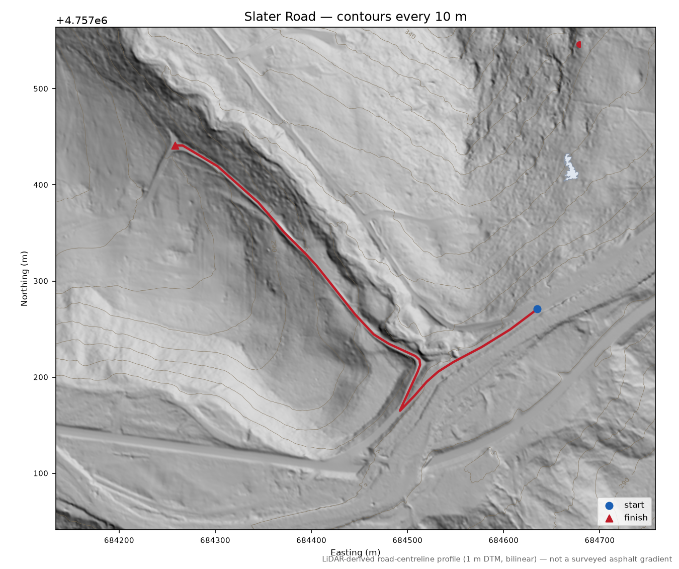 Slater Road LiDAR hillshade map with contours
