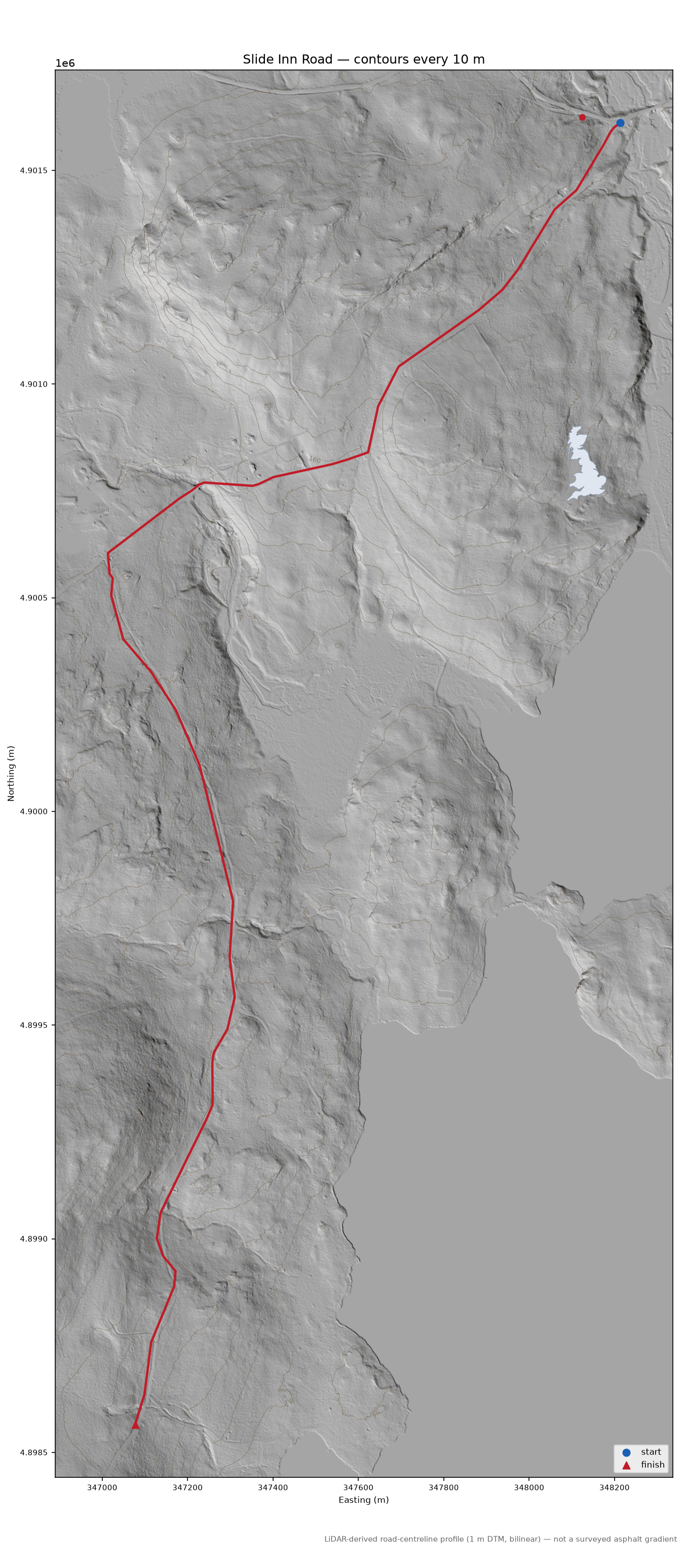 Slide Inn Road LiDAR hillshade map with contours
