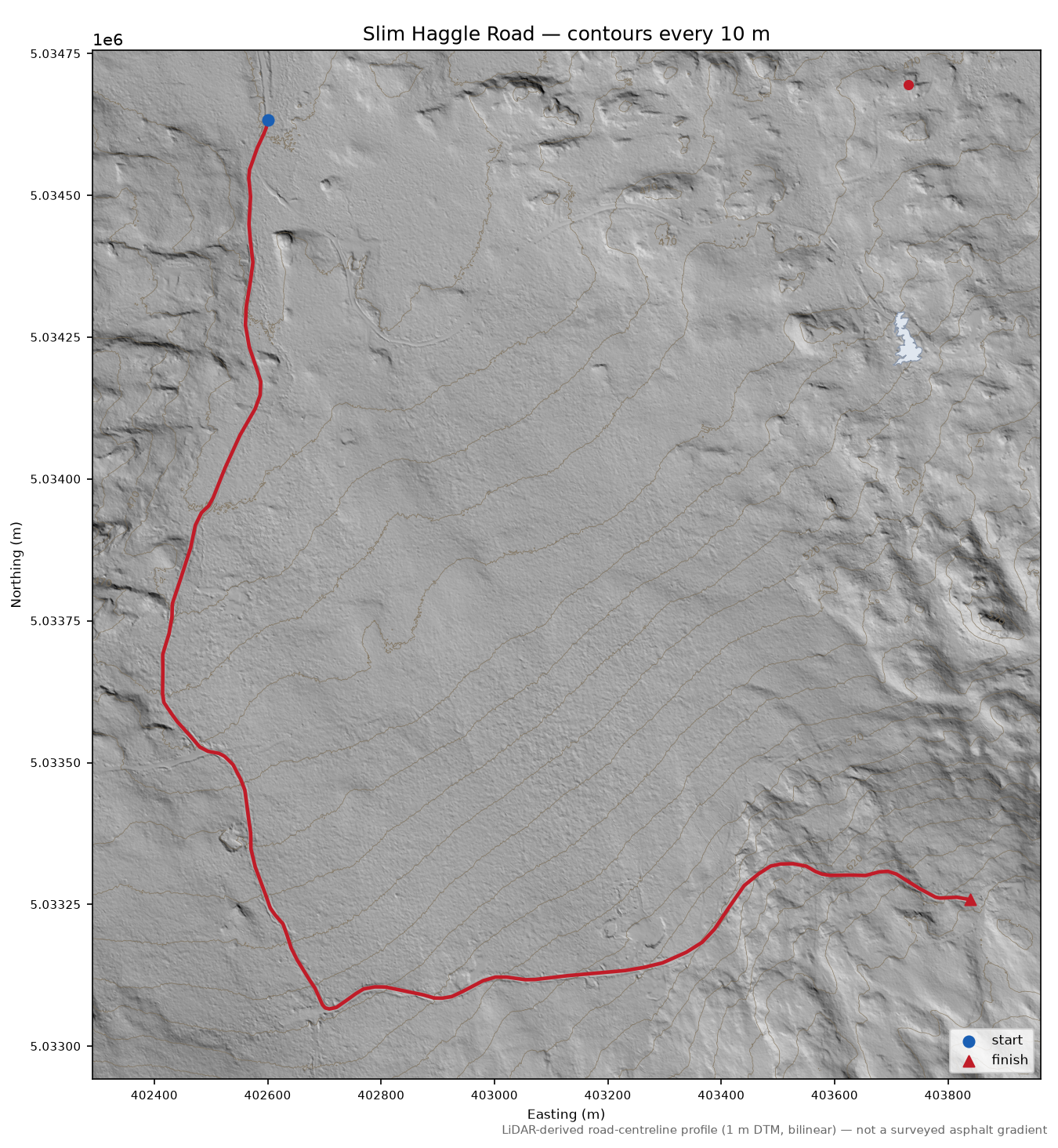 Slim Haggle Road LiDAR hillshade map with contours