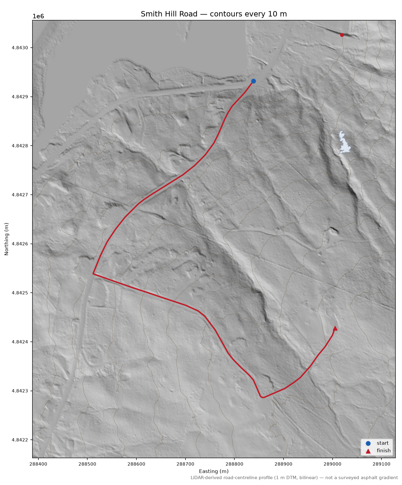 Smith Hill Road LiDAR hillshade map with contours