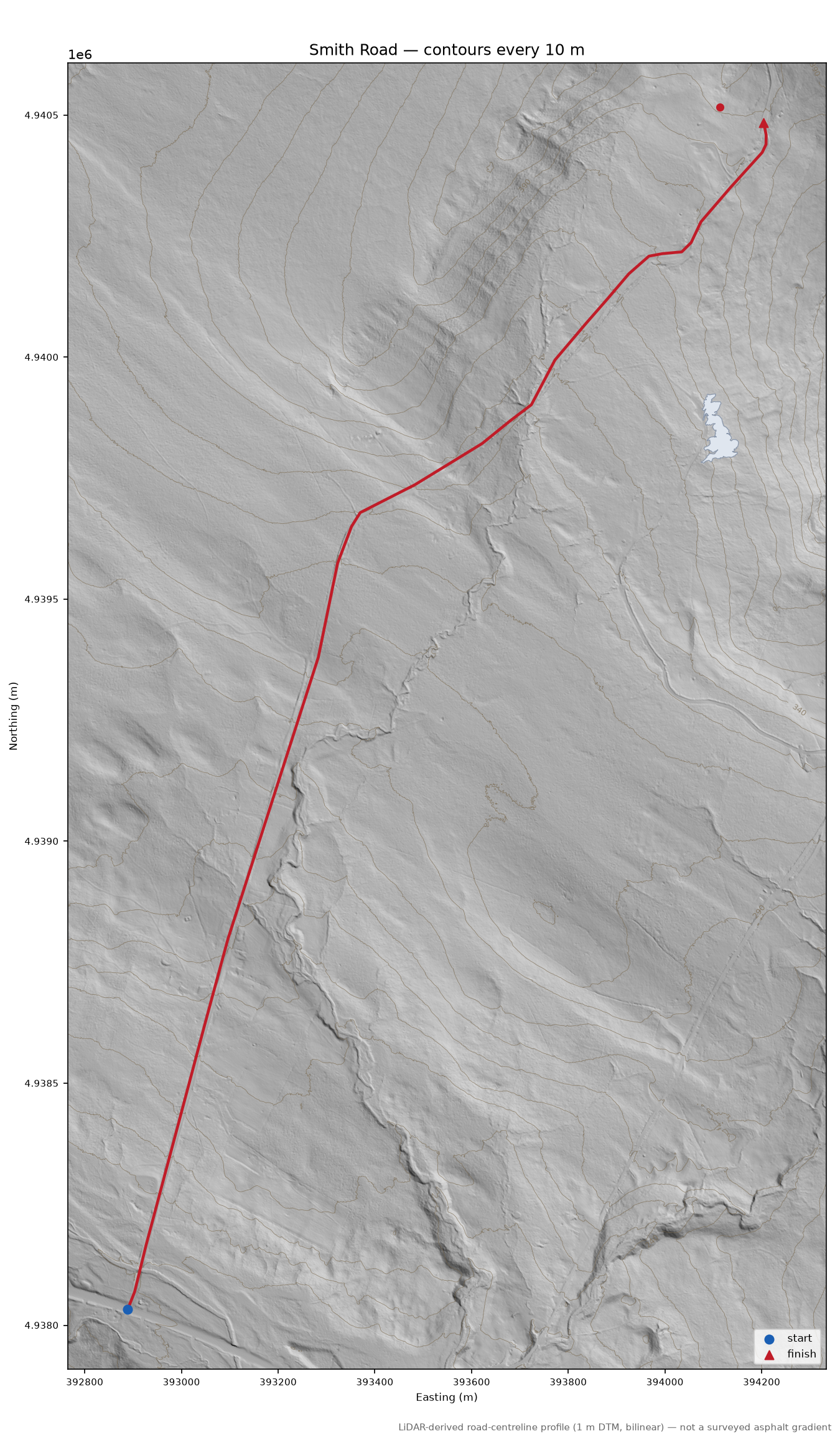 Smith Road LiDAR hillshade map with contours