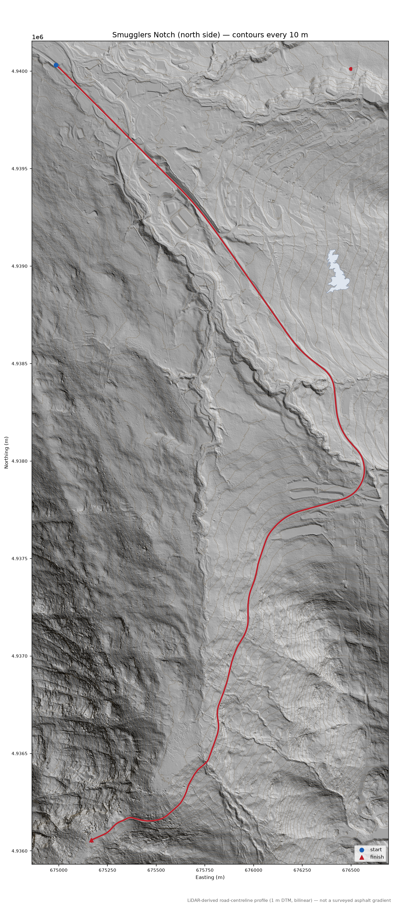 Smugglers Notch (north side) LiDAR hillshade map with contours