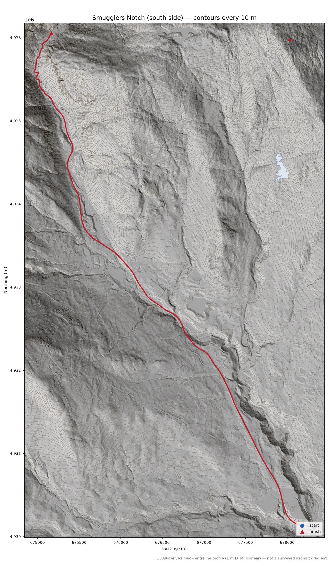 Smugglers Notch (south side) LiDAR hillshade map with contours