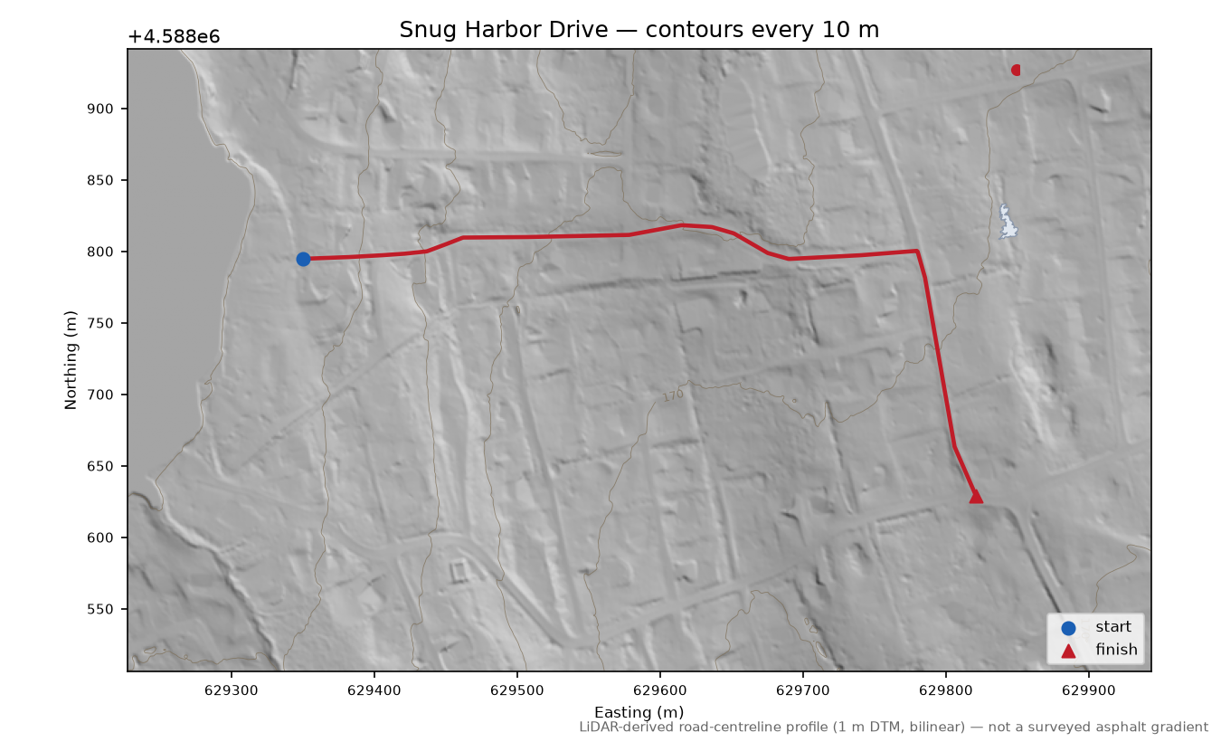 Snug Harbor Drive LiDAR hillshade map with contours