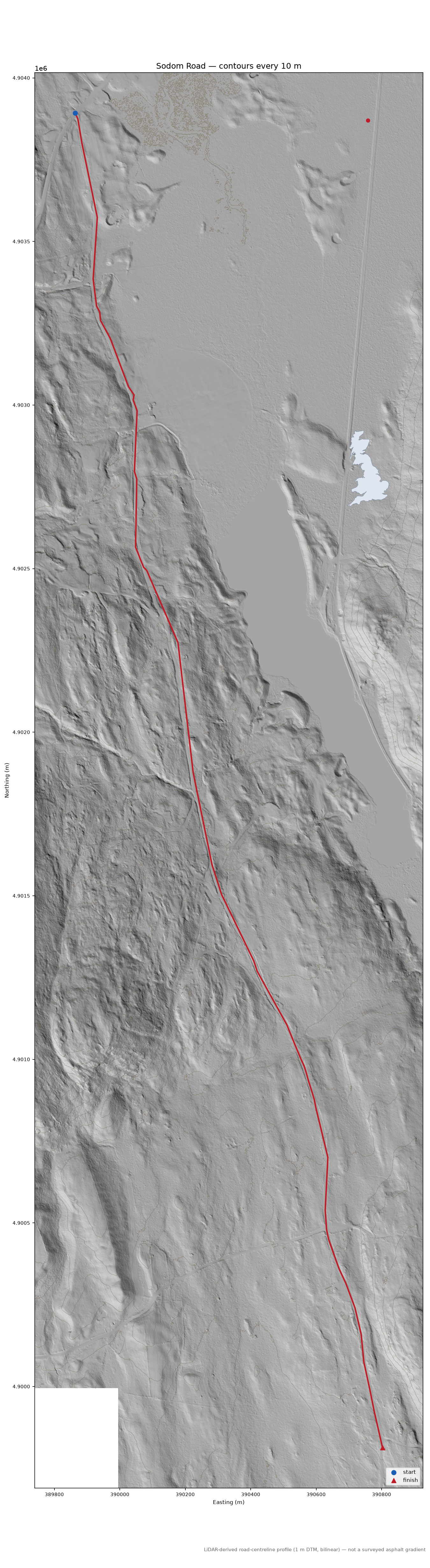 Sodom Road LiDAR hillshade map with contours