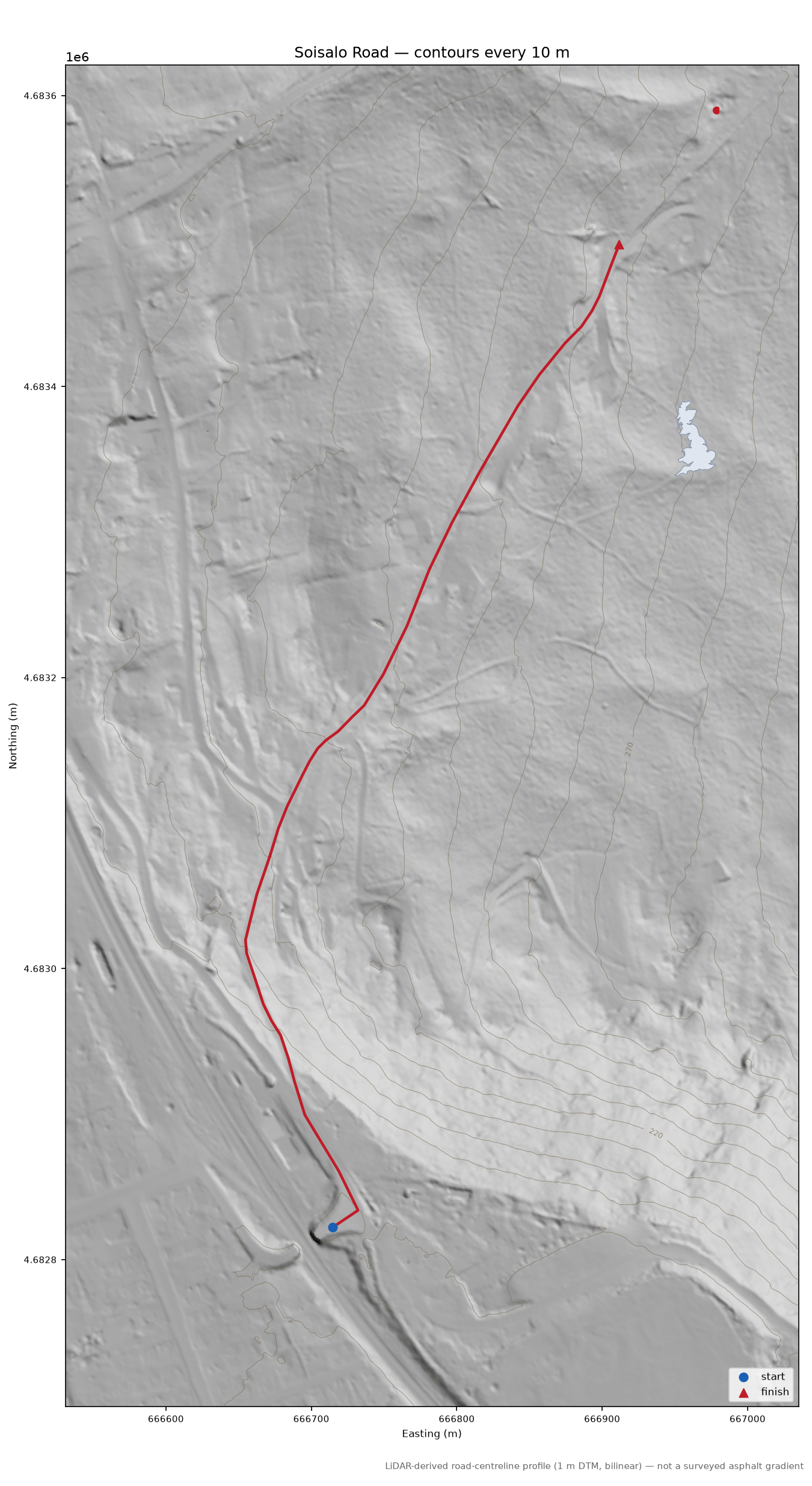 Soisalo Road LiDAR hillshade map with contours