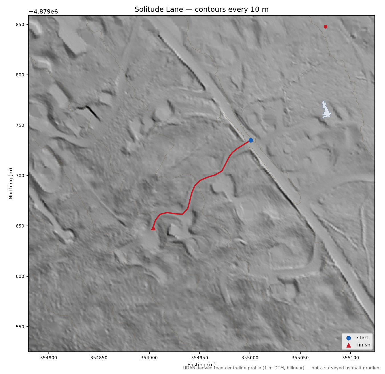 Solitude Lane LiDAR hillshade map with contours