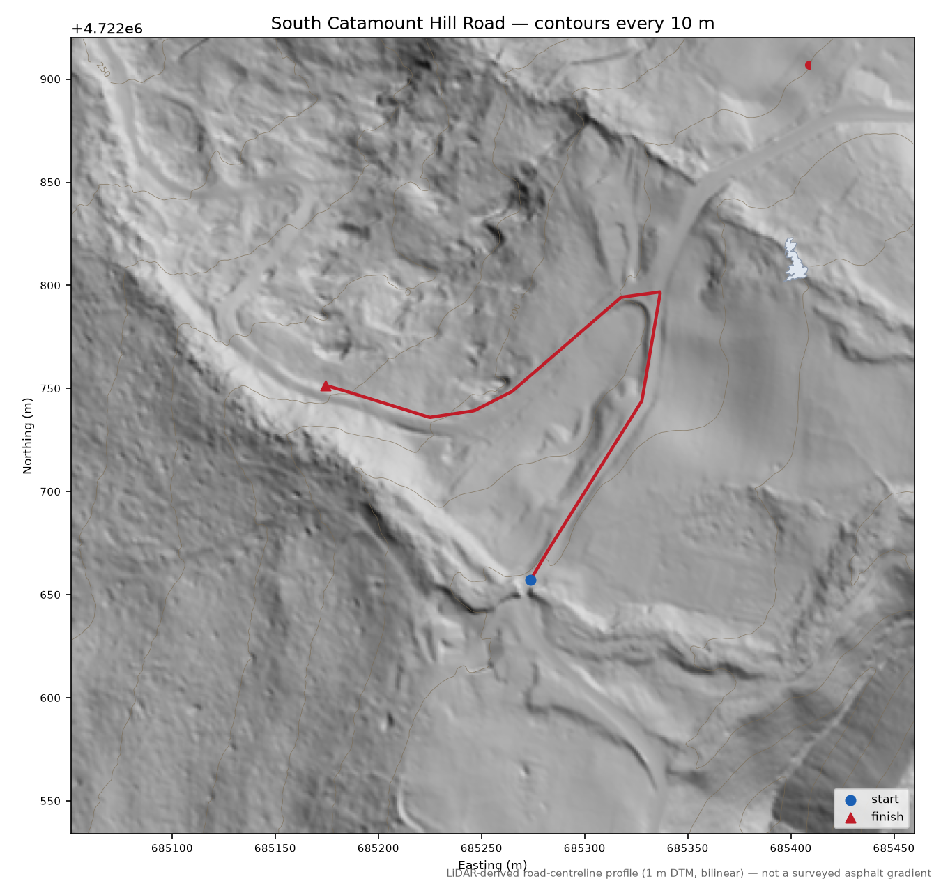 South Catamount Hill Road LiDAR hillshade map with contours