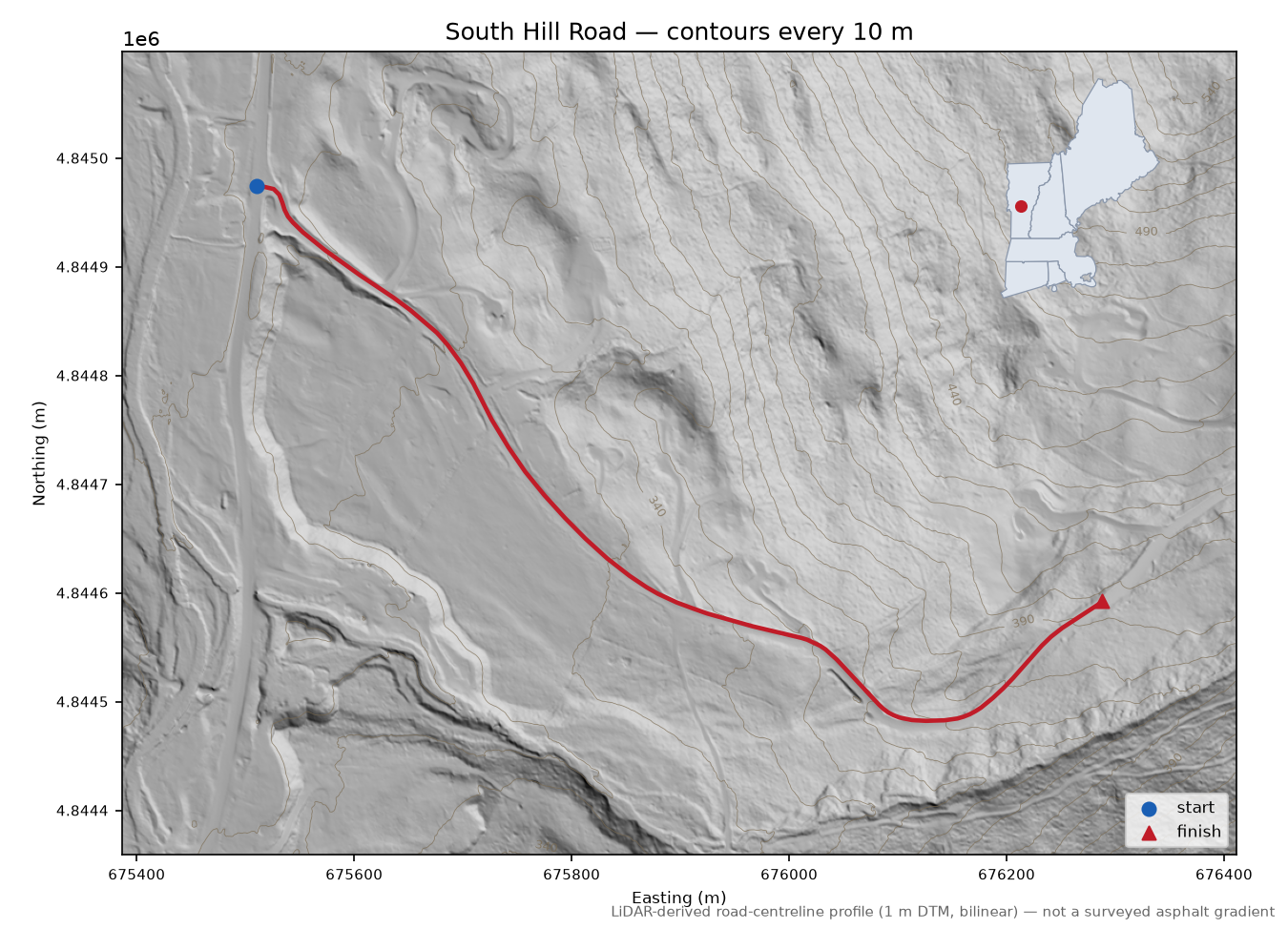 South Hill Road LiDAR hillshade map with contours