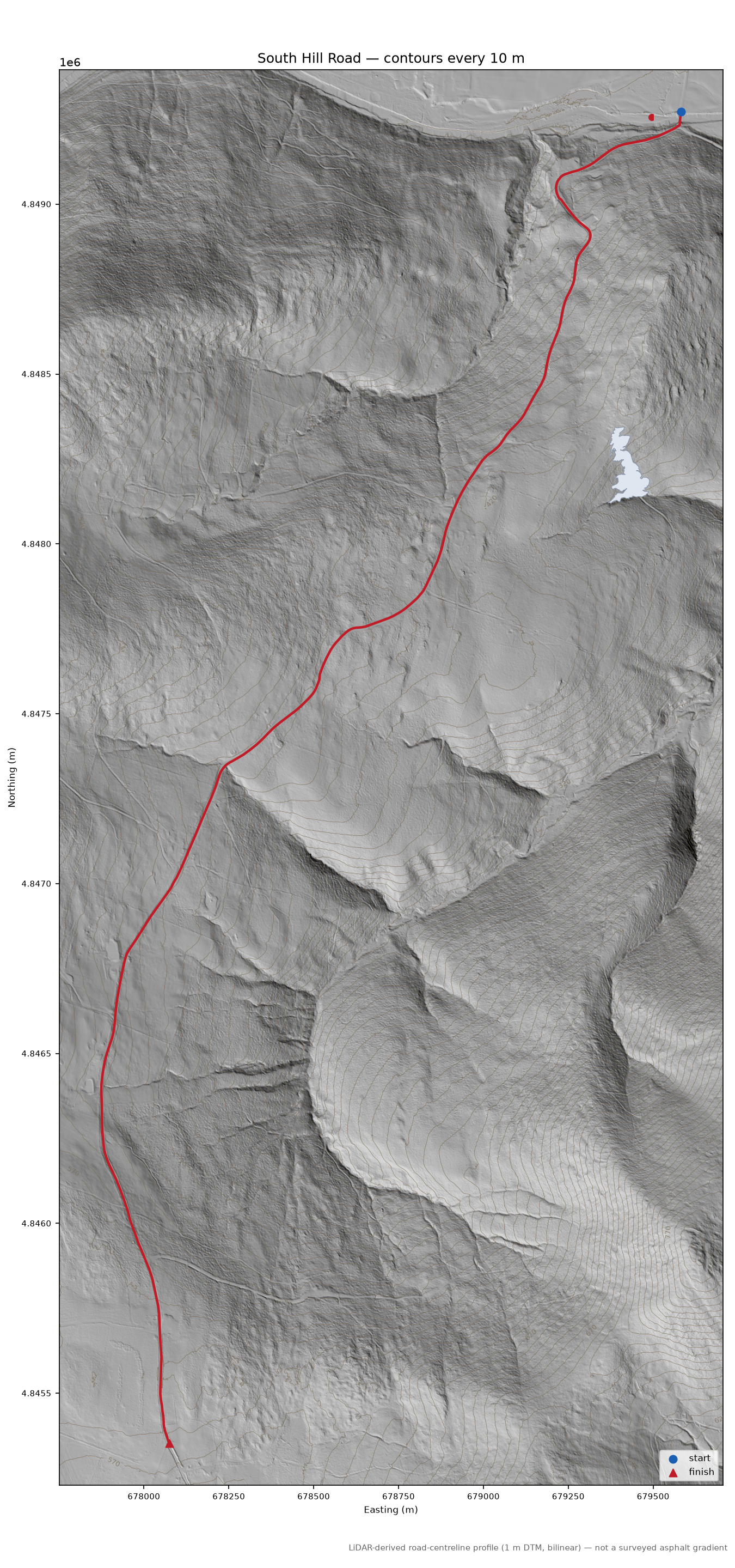 South Hill Road LiDAR hillshade map with contours