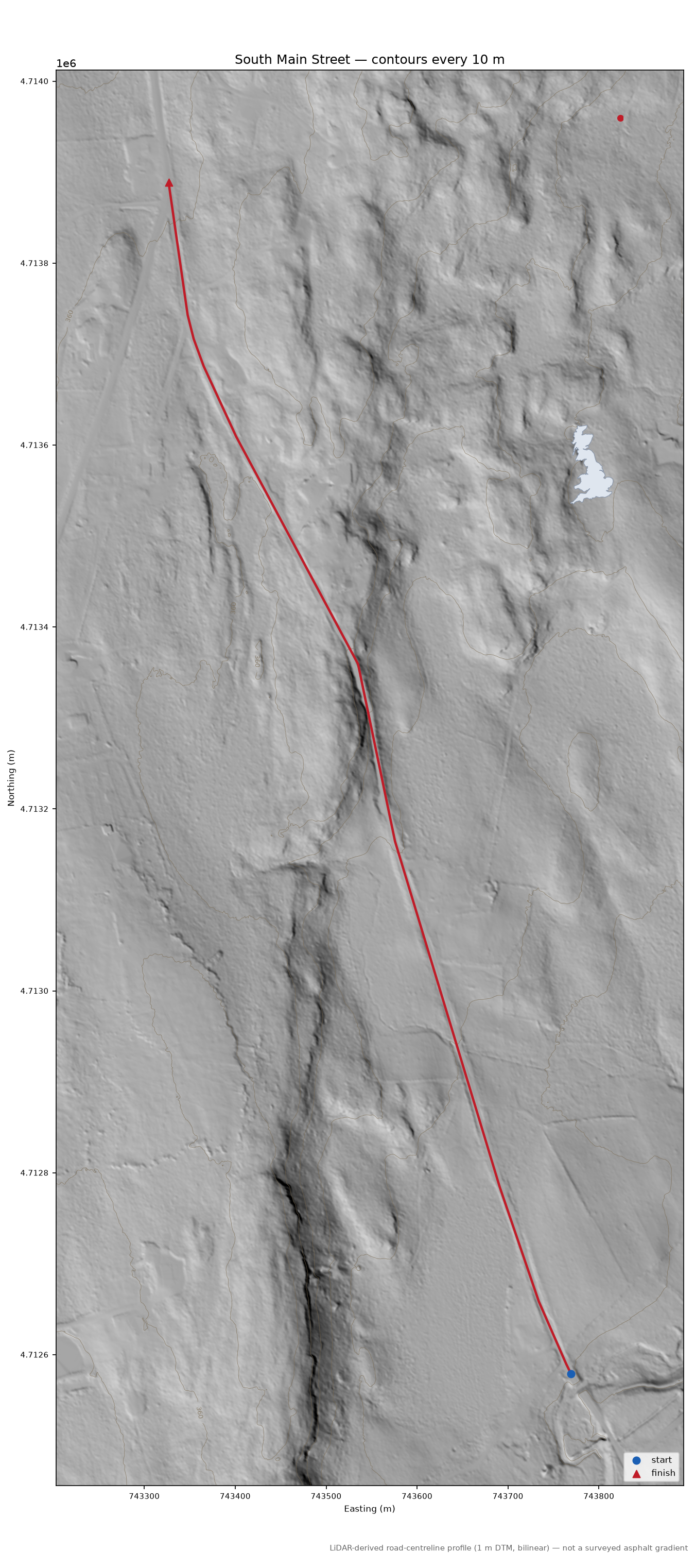 South Main Street LiDAR hillshade map with contours